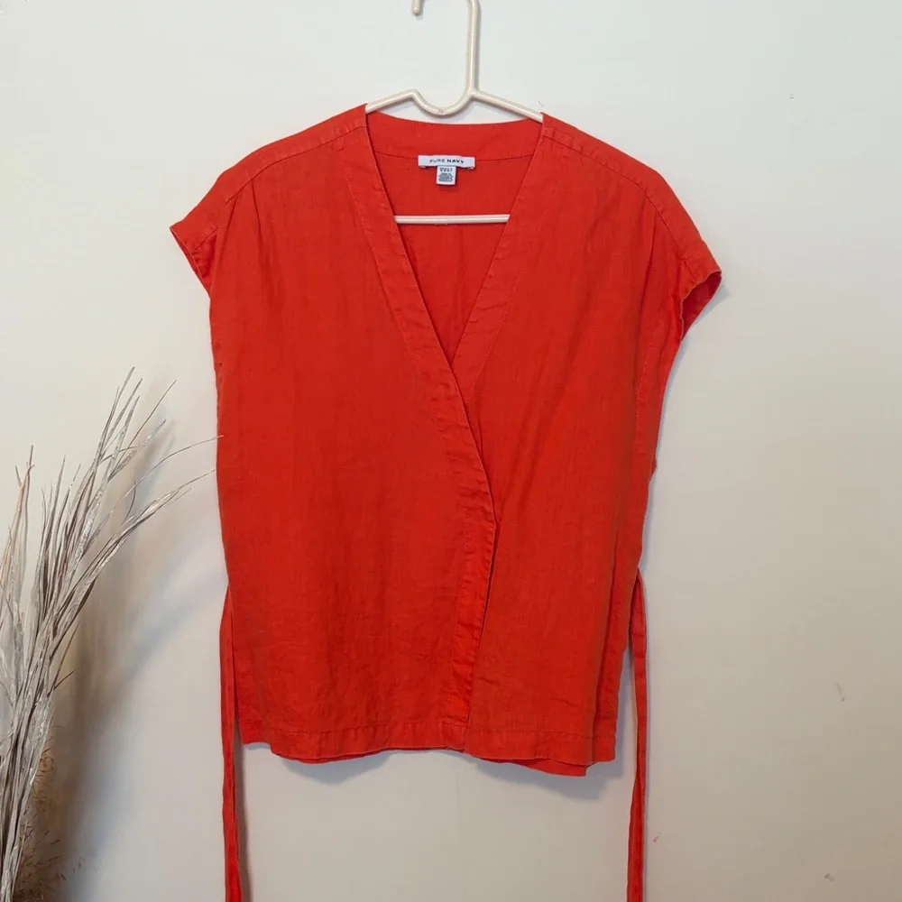 Pure Navy Linen Wrap-Style Orange Blouse - Picture 3 of 7